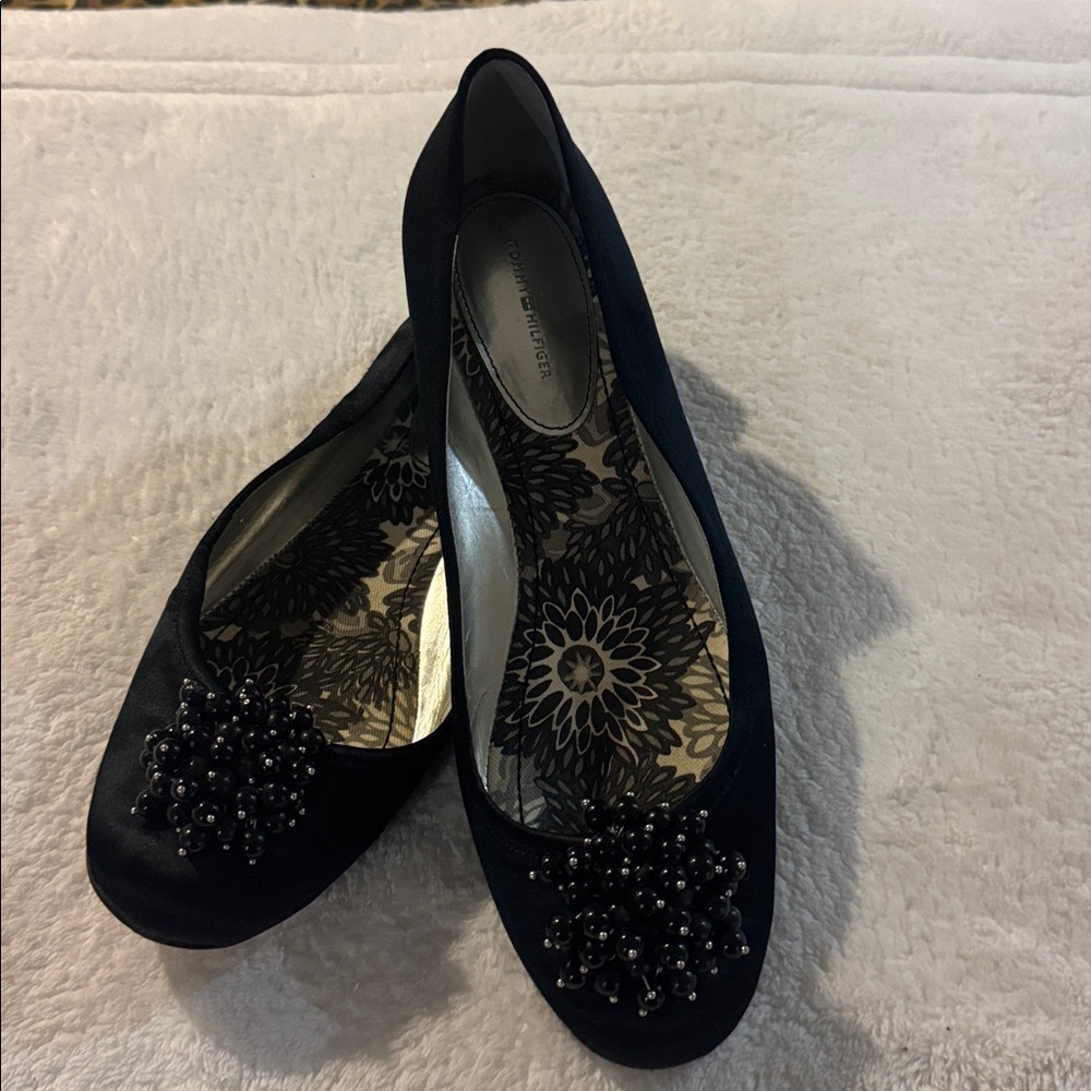 Tommy Hilfiger Black Satin Ballet Flats w/ Black Beaded Embellishments